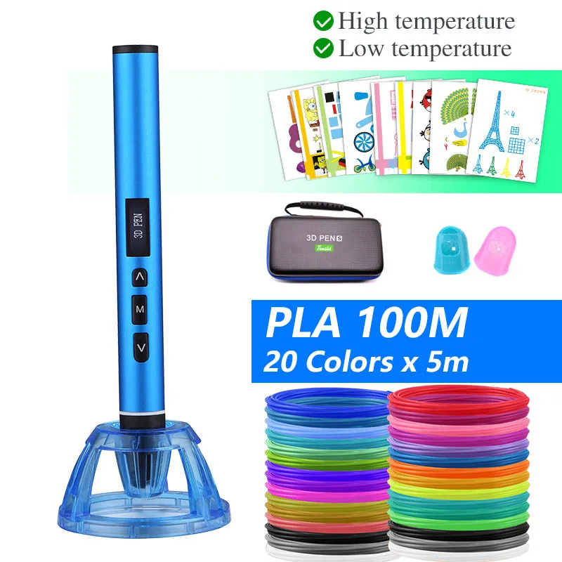 Blue pen PLA100m 3D Ручка 3D принтер Ручка переключаемый PCL и PLA режимы, 200meter1. 75 мм PLA нити, металлический корпус, USB источник питания, рождественские подарки - Цвет: Blue pen PLA100m