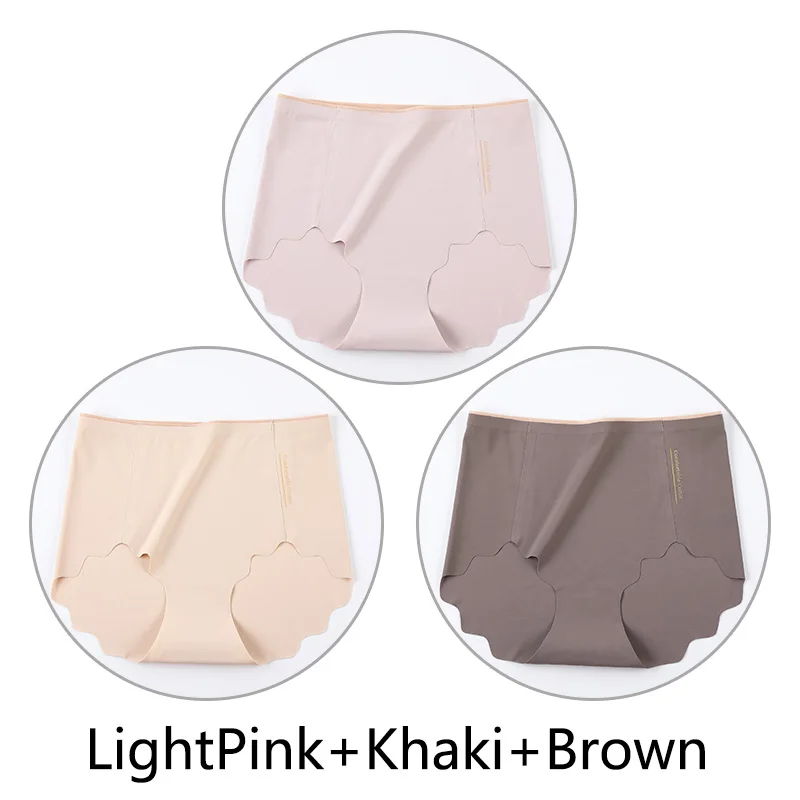 LightPink Khaki Brow 3 шт Бесшовные трусы женские с высокой талией сексуальные трусики L-XXL белье большого размера мягкий Ультратонкий дышащий Женский нижнее белье - Цвет: LightPink Khaki Brow