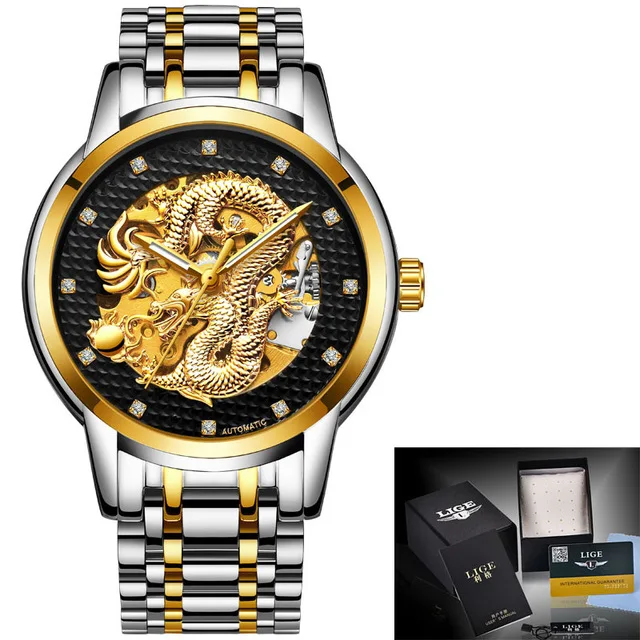 Steel Gold Black LIGE мужские s часы Топ люксовый бренд часы из нержавеющей стали водонепроницаемые автоматические механические мужские часы с драконом мужские Relogio Masculino+ коробка - Цвет: Steel Gold Black