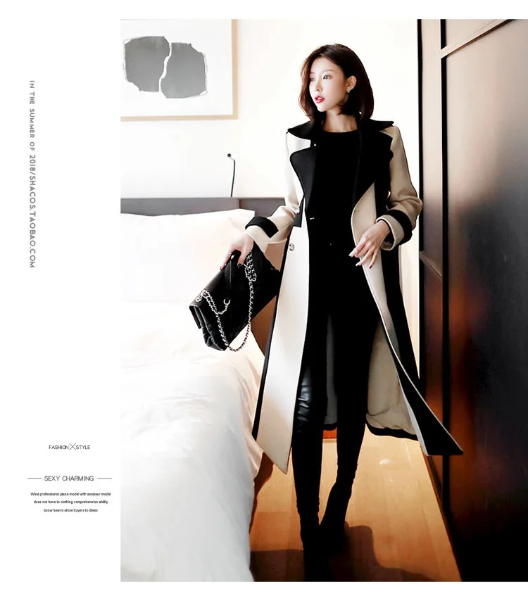 FX корейский стиль темперамент длинный британский стиль сшивание выше колена шерстяное длинное пальто женский тренд