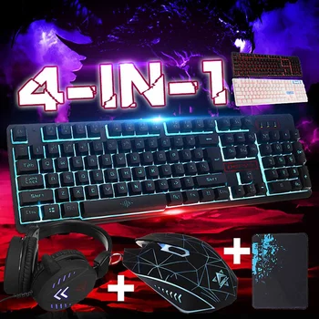 

4Pcs Home Mechanical Wired USB Keyboard Illuminated Gaming Mouse Pad Accessories Set Computer Desktop Backlight Headset