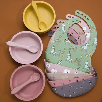

Food Grade Adjustable Silicone Baby Bib Soft Saliva Towel Feeding Training Silicone Tollder Plate Spoon For Children.