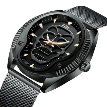 

BIDEN Black Cool Skull Watch Men Punk Quartz Mens Watches Top Brand Luxury Steel Mesh Strap Fashion Dress Wristwatches Xmas Gift