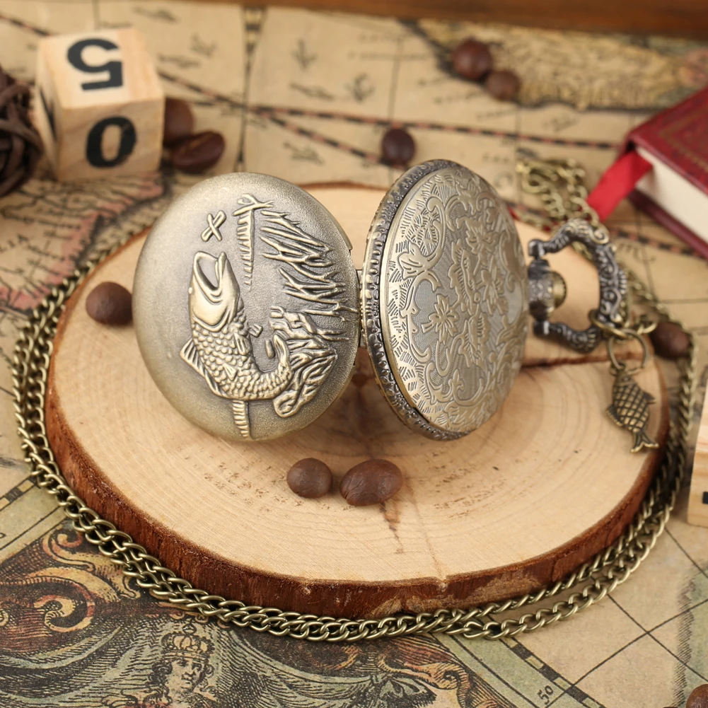 Slim Chain Clock Pocket Watch relogio Montres Big Fish Pattern Case Large White Dial with Arabic 4