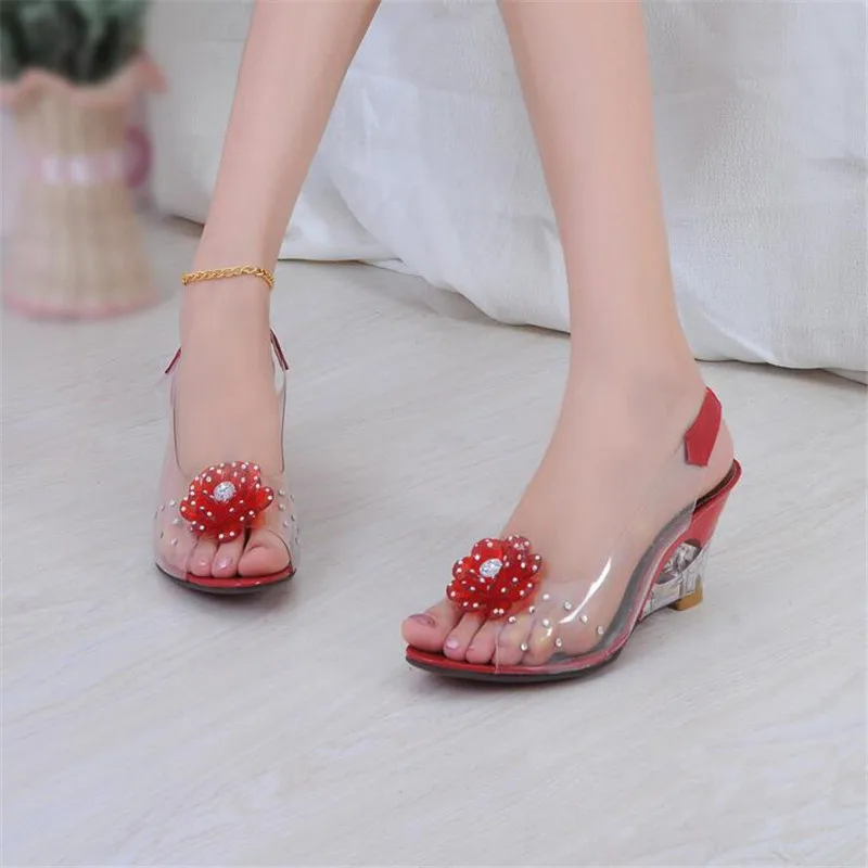 Meisjes Hoge Hak Schoenen Vrouwen Crystal Slipper Wedge Sandalen Vrouwelijke Zoete Kristal Transparante Hoge Hakken Rhinestone Wedge Sandalen