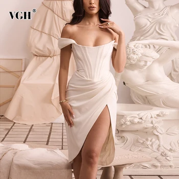 

VGH Party Dress For Women Slash Neck Off The Shouder High Waist Split Ruched Sexy Luxury Dresses Female 2020 Summer New Clothes