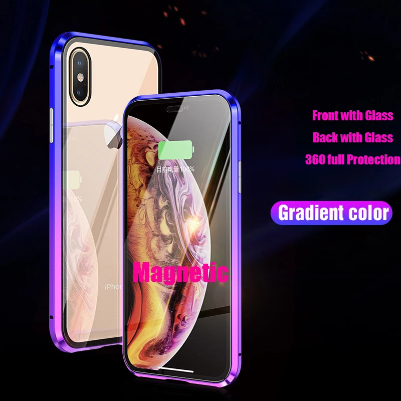 

For iphone XS Gradient Metal Magnetic Case For iphone XS Max XS X 360 Full Protective Magnets Bumper Double-sided Glass Cover