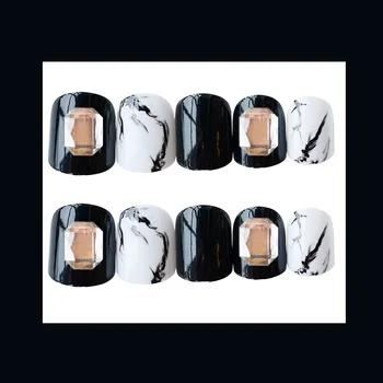 

24Pcs/Set Nail Tips Sticker Fake Nails White Black Marble Square Artificial Nail with Glue