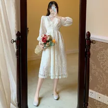 

Elegant Lace Long Sleeve Midi Dress V-neck Korean temperament Evening Lady Party FairySolid colorDress·2021NewSpring and Autumn