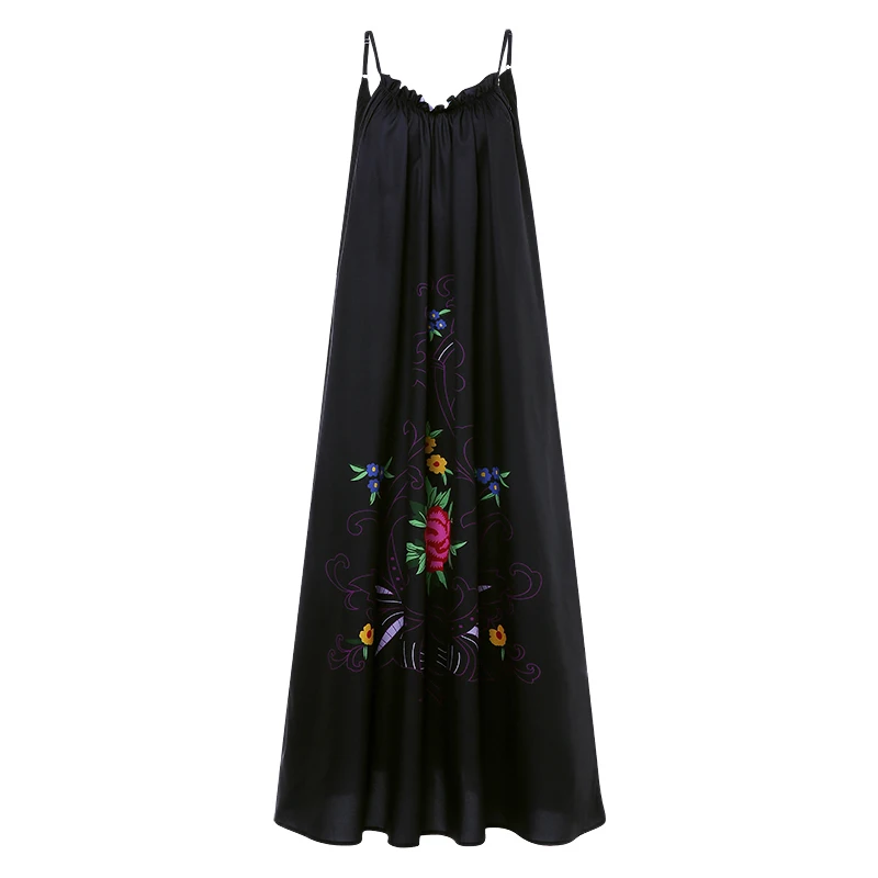 S-5XL, сексуальное богемное платье на бретелях, женское платье с открытой спиной, повседневное Свободное длинное платье с цветочным принтом,, летние пляжные вечерние платья макси - Цвет: Черный