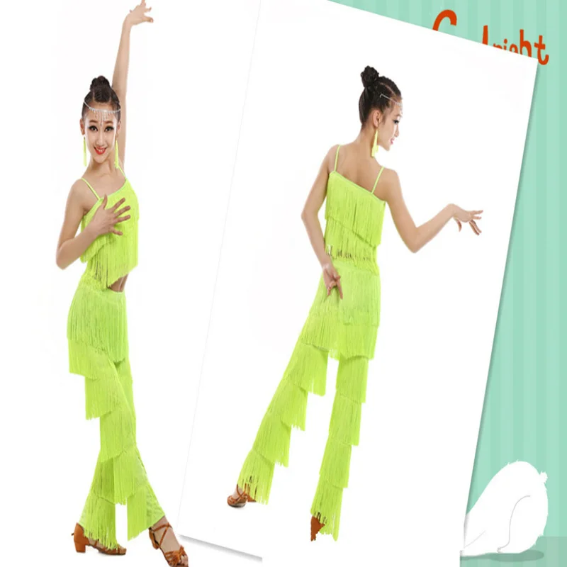 Dance Dress Latin Dance Dress For Kids Girls Adult Ballroom Tassel Fringe Tops Pants Salsa Samba Costume Children Dance Competition Costume
