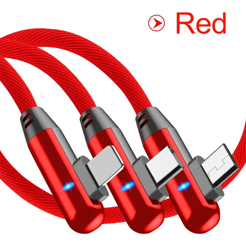 red 1,2 м 90 градусов локоть умный светильник 3 в 1 USB кабель для быстрой зарядки данных для iOS Android type-c Алюминиевый сплав нейлоновая оплетка - Цвет: red