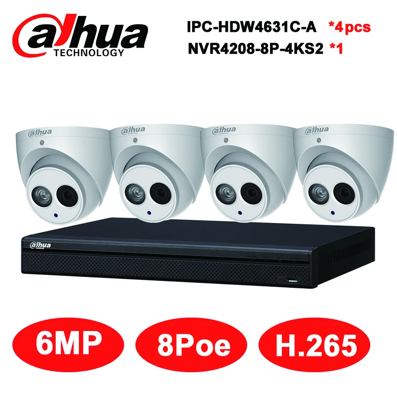 Dahua 6MP 8+ 4 система видеонаблюдения 4 шт. 6MP ip-камера IPC-HDW4631C-A& 8POE 4K NVR NVR4208-8P-4KS2 система видеонаблюдения
