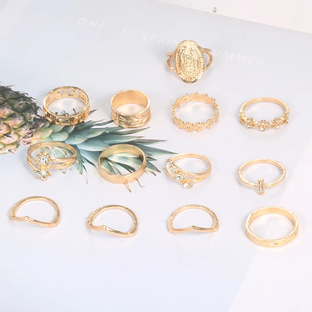 Gold Rings Finger Rings Set Women Crystal Geometric Retro Knuckle Ring Jewelry Gift