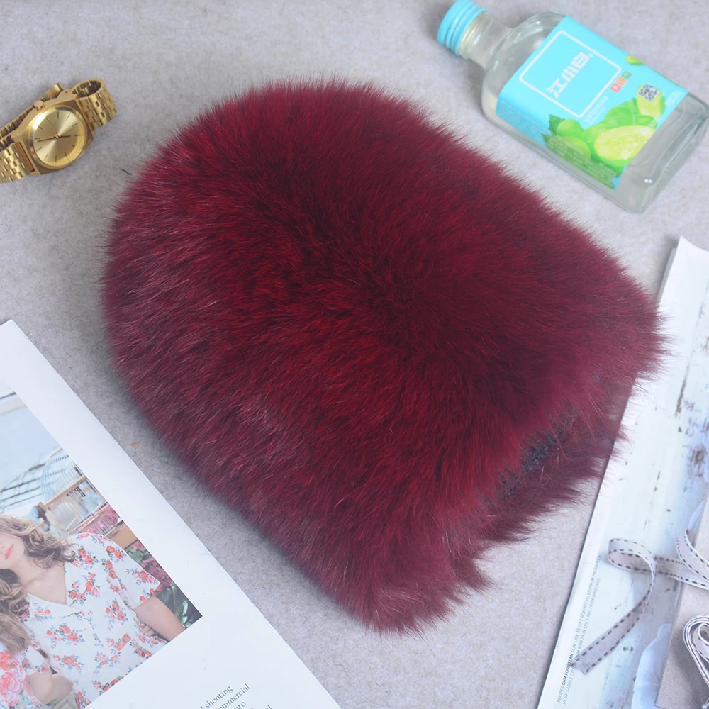 Luxury 100% Natural Real Fox Fur Hat Women Winter Elastic Knitted Real Fox Fur Bomber Cap Girls Warm Soft Fox Fur Beanies Hats 5