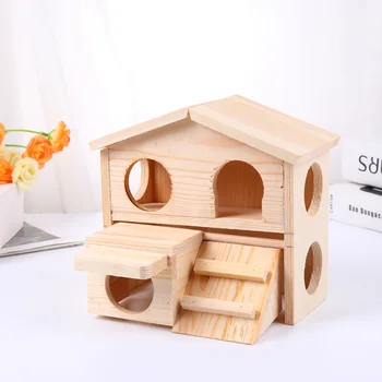 

Hamster Molar Wooden House Adorable Slope Ladder Pet Hut Multi-entrance Hamster Cabin Blank Color Large Capacity Double Layer Ra