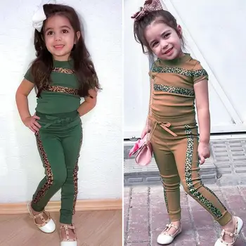 

Fashion Summer Leopard Print Kids Girls Clothes Set Cotton Casual Short Sleeve Tops+Pants 2pcs Toddler Infant Children Outfits