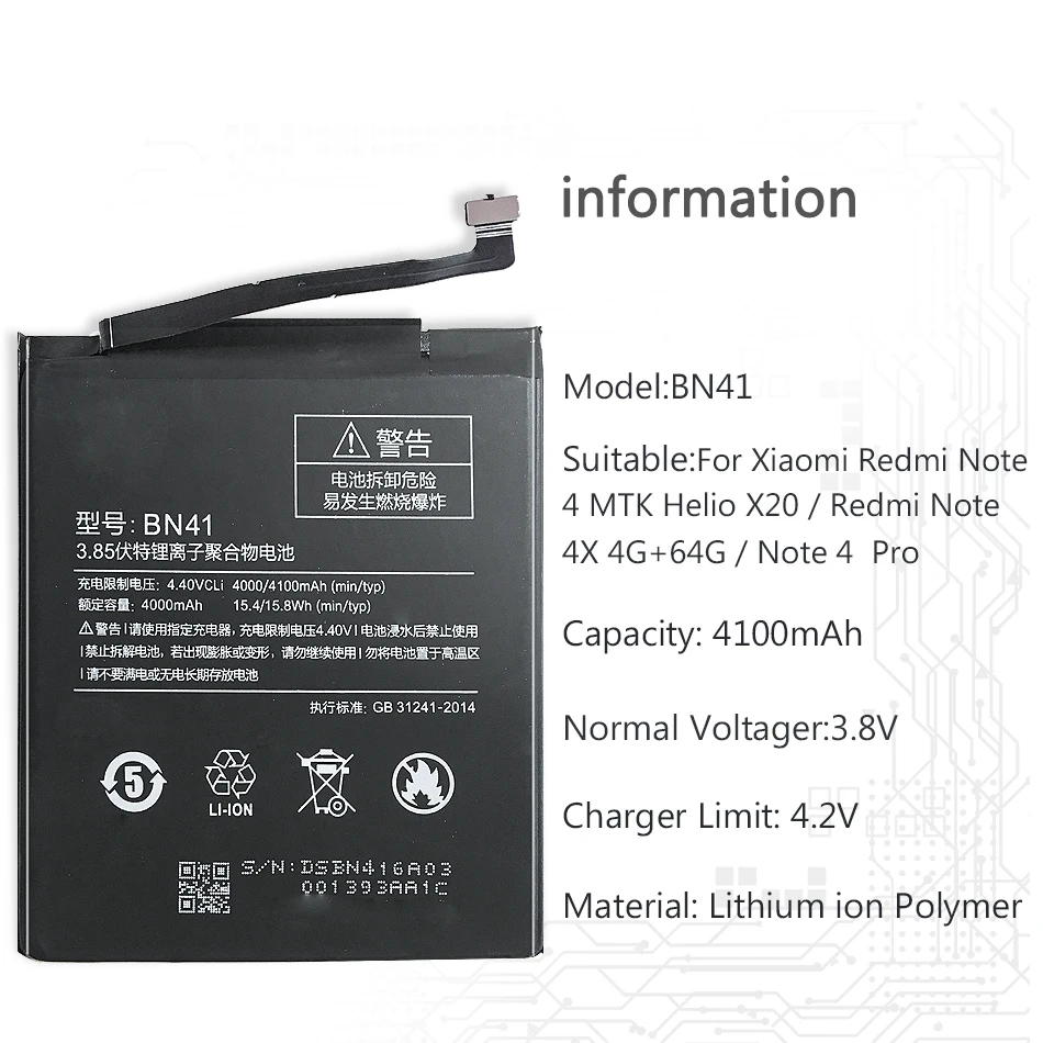 Аккумулятор BN41 для Xiaomi Redmi Note 4 MTK Helio X20/для Redmi Note 4x Pro 4G+ 64G 4100mAh запасная батарея