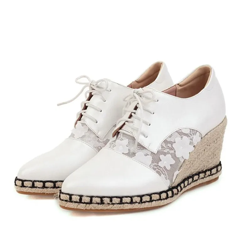 2020 Spring Autumn New Straw Wedge Shoes Women Deep Mouth High Heels Mesh Lace Stitching Lace-Up Pointed Toe Pumps Women's Shoes (22)