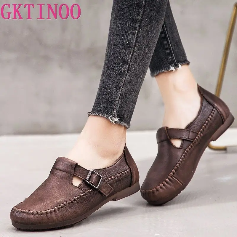 GKTINOO/Новинка года; женские оксфорды из натуральной кожи на плоской подошве; chaussures femme; повседневная женская обувь ручной работы в стиле ретро без застежки