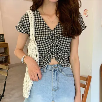 

Women Casual Shirts Summer V-Neck Plaid Shirts Female Fashion Tops T