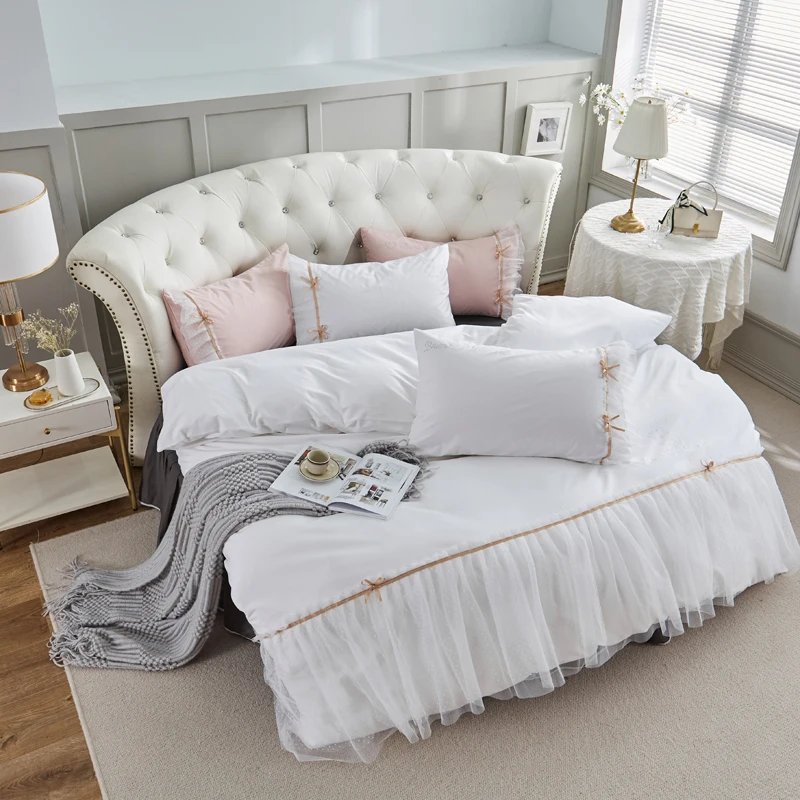 

100% Long-staple Cotton Round 4PCS Hot drilling Tassels Lace Edge Pillowcase & Duvet Cover Bed Skirt Bedding Sets 200cm 220cm