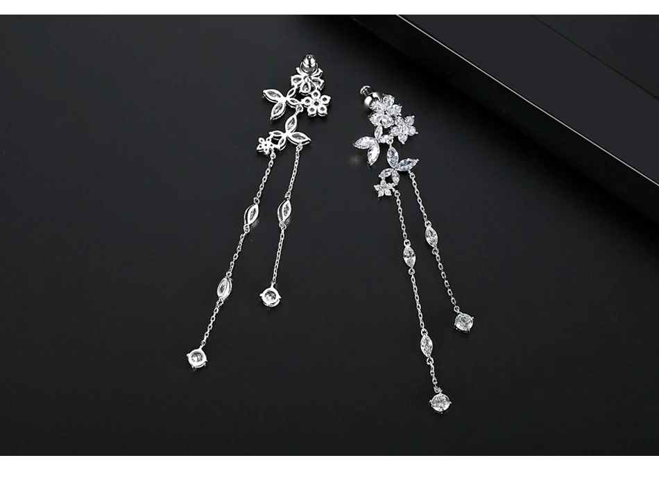 Luoteemi Delicate Fairy Flower Long Thing Chain Drop Dangle Earrings for Women Bridal Wedding Dating with AAA CZ Fashion Jewelry