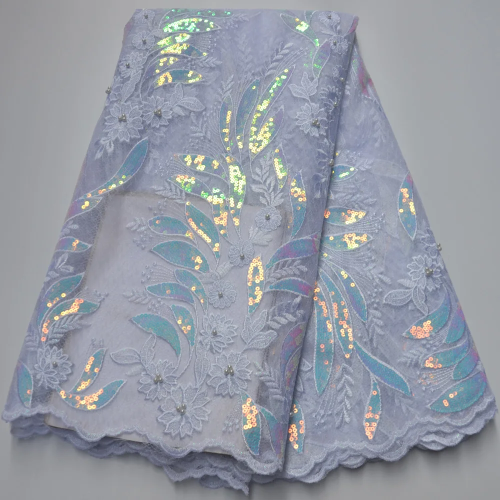

(5yards/pc) high quality White African French net lace fabric with gradient sequins embroidery and beads for party dress FLP215