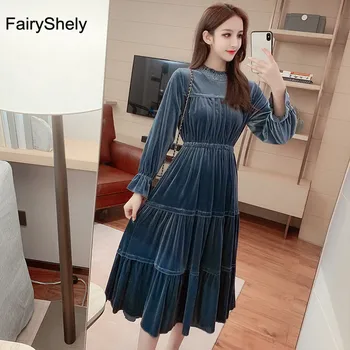 

FairyShely 2019 New Vintage Women Bodycon Long Sleeve Dress Autumn Velvet Celebrity Evening Party Dress Court Swing Dress