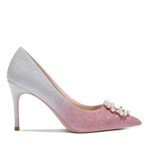 Carollabelly/женские туфли на высоком каблуке с жемчужной пряжкой; блестящие свадебные туфли розового и золотого цвета; 6 см, 8 см, 10 см - Цвет: pink with silver 8cm
