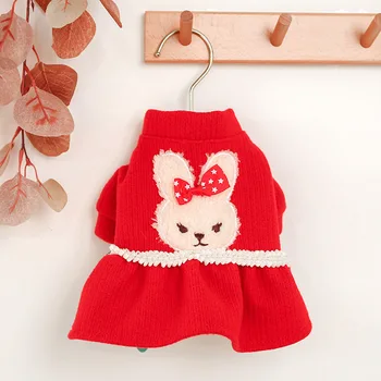 

Red Color Pet Dog Dresses with Rabbit Printing Autumn and Winter Clothes Newest Festive Bright Red Color Dog Skirt Robe for Pets