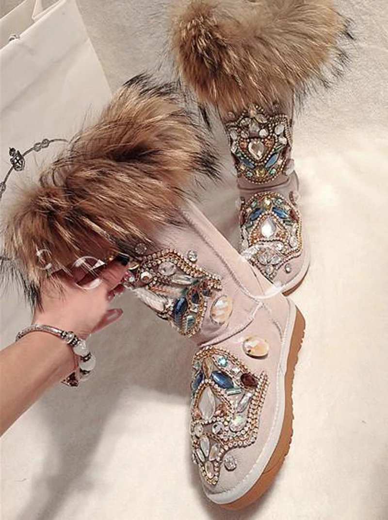 Г., зимние ботинки женские Теплые ботильоны на плоской подошве с натуральным мехом, стразы, ручная работа удобная повседневная женская обувь из натуральной кожи