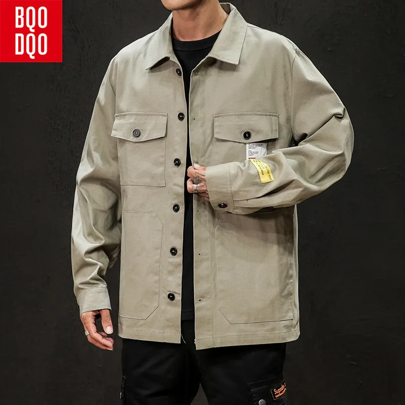 

BQODQO Military Black Letter Turn-down Collar Jacket Men Autumn Fashion Streetwear Loose Jackets Plus Size Japanese Casual Coats