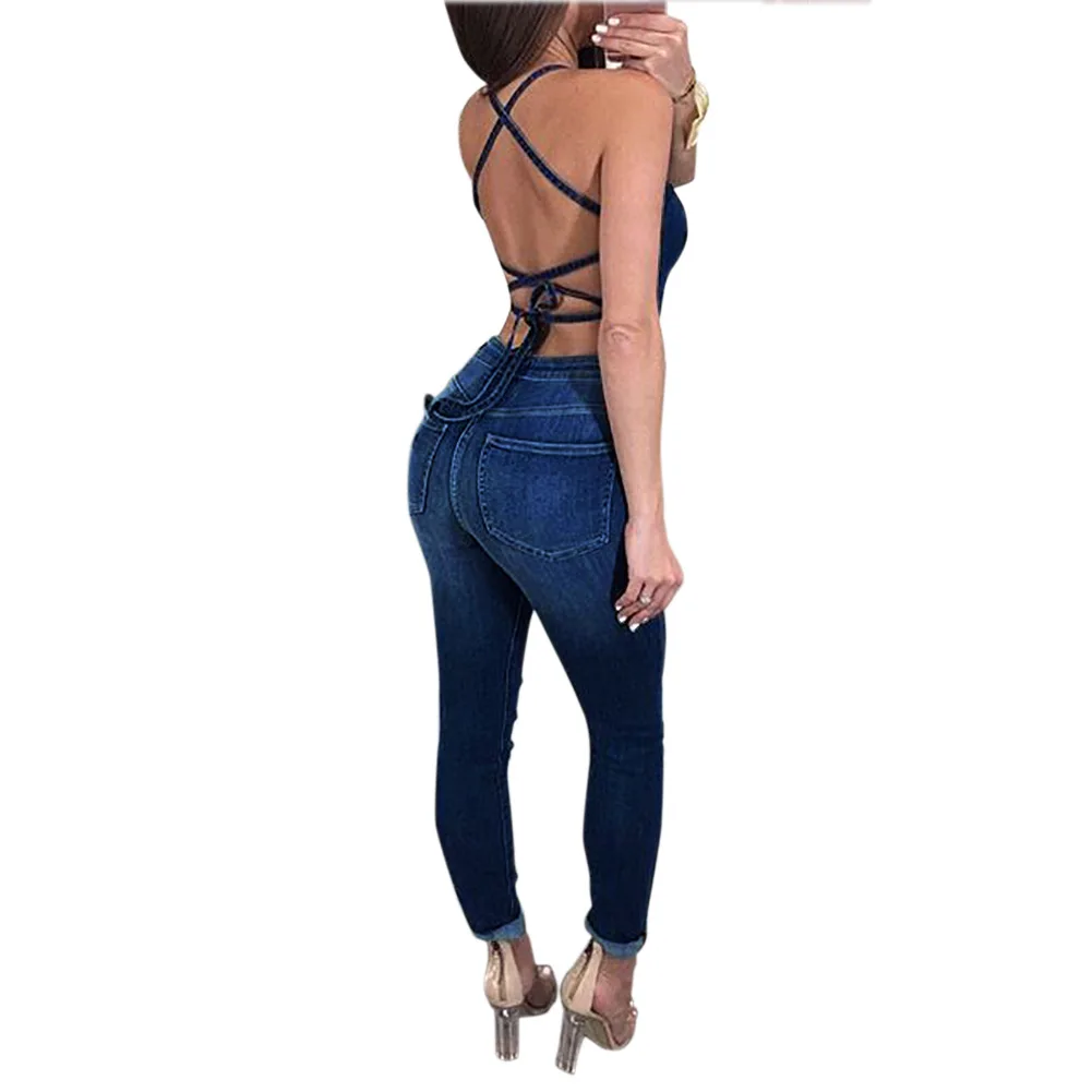Сексуальный джинсовый комбинезон с открытой спиной, женский элегантный комбинезон на шнуровке без рукавов, узкие брюки, джинсовый женский комбинезон, повседневный комбинезон для ночного клуба