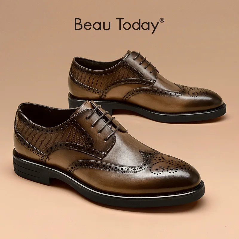 

Brogue Derby Men Genuine Cow Leather Wingtips Waxing Lace-Up Retro Gentlemen Shoes Business Round-Toe Handmade BeauToday 51059