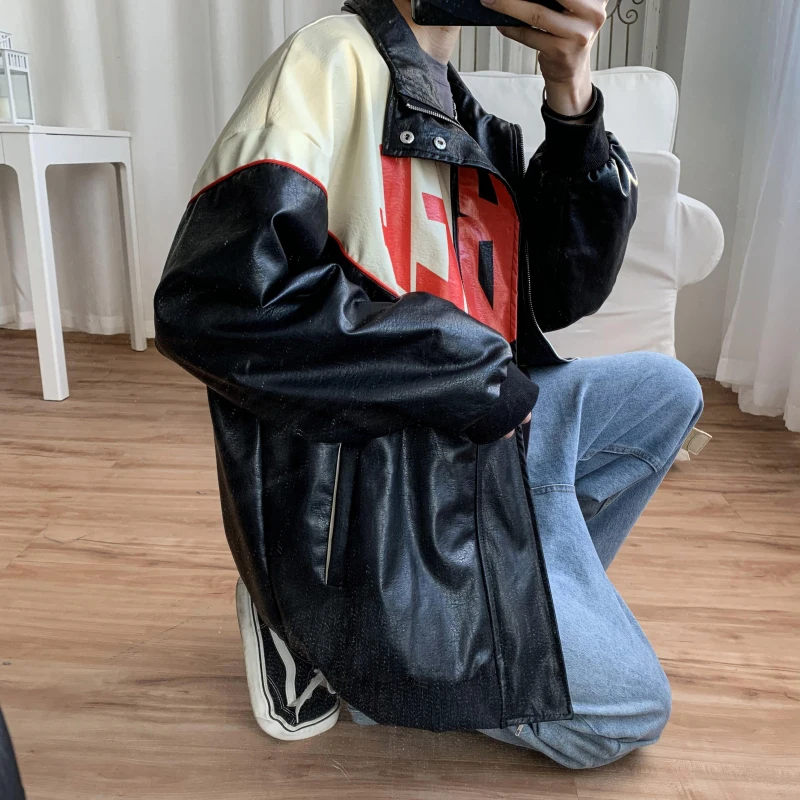 60% OFF Leather Jacket Men's Fashion Print Contrast Casual Loose Motorcycle Jacket Mens Streetwear Wild Loose Hip Hop Bomber Jacket Men