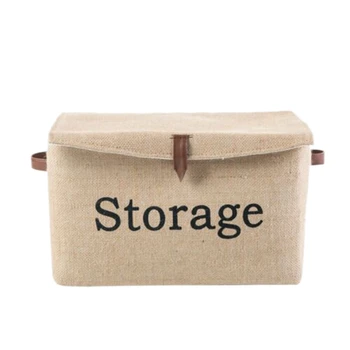 

Collapsible Jute Storage Bin Leather Handle Storage Organizer Basket Storage Box With Lid-1Pcs