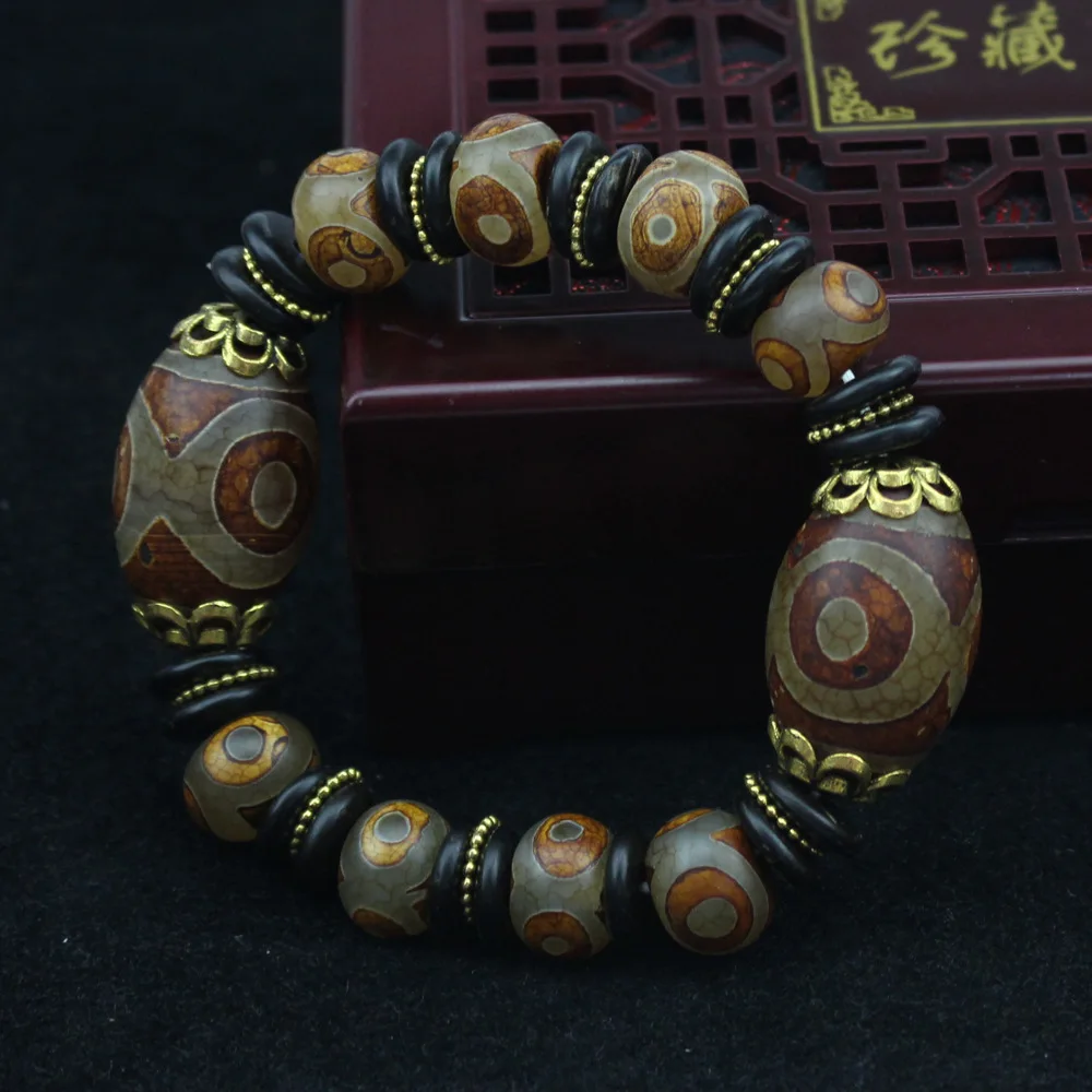 

Manufacturers Direct Selling Natural Tibet Agate Yellow Three-Eyed Small Count Tibet Beads Bracelets Men Glorious Vintage Old Ag