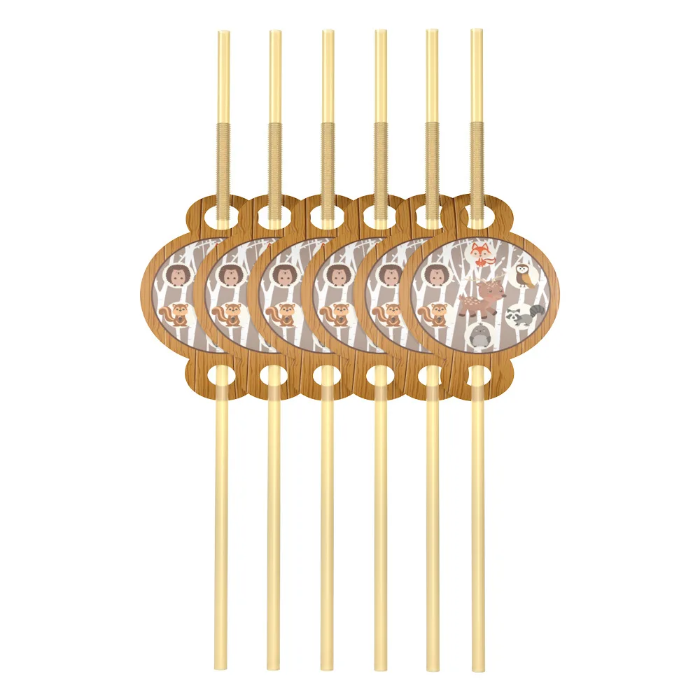 Набор для вечеринки с изображением животных, белки, лося, совы, лисы, ежика, на день рождения, для детского шоу, Декор, мультяшный торт, бумажный стаканчик/тарелка/флаг, товары на День Благодарения - Цвет: straw 6pcs