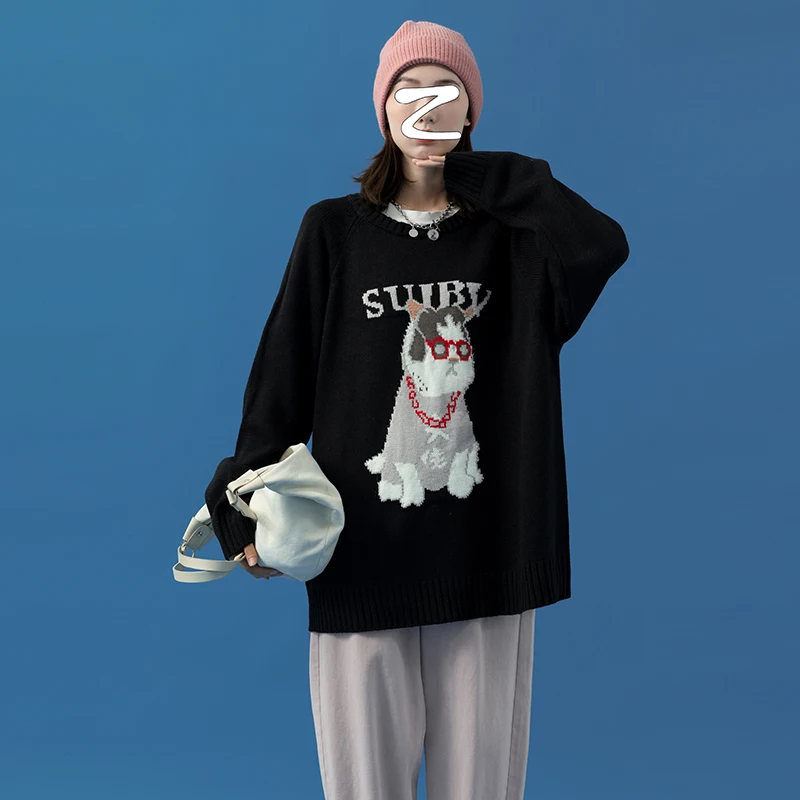 

Autumn Cute Dog Embroidery Sweaters Womens Korean Fashion Trends Clothing for Teenage Girls Vintage Knit Crewneck Pullover Tops