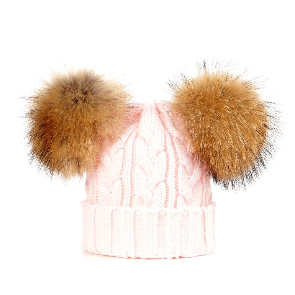 13 CM POM POM Милая шапка с черепом и помпонами из натурального меха для мальчиков и девочек, детская зимняя теплая Шапка-бини - Цвет: 13 CM POM POM