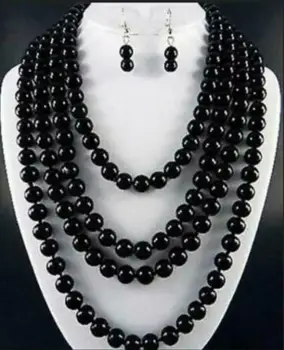 

New 8/10mm Fashion Black Agate Beads Necklace Long 100"+Earring
