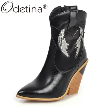 

Odetina Womens Strange High Heel Western Cowboy Tabs Boots Winter Ladies Thick Heel Ankle Boots Zip Up Pointed Toe Plus Size 43