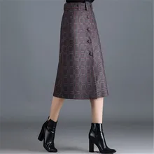 Клетчатые Шерстяные Юбки женские Осень-зима высокая посадка на пуговице прямая винтажная длиной выше колена юбка офисные женские Большие размеры 4XL DS50950