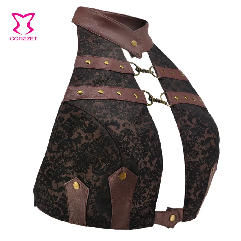 Brown Brocade& Faux Leather Short Backless Sexy Halter Top Vintage Gothic Clothing Punk Rock Accessories Steampunk Clothes Women