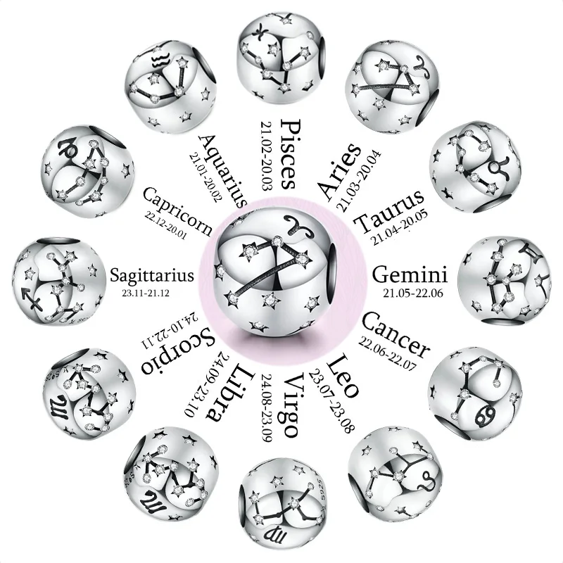 

Ahthen Genuine 925 Sterling Silver Beads 12 Constellation Zodiac Round Charms Fit Original Pandora Bracelet Charms DIY Jewelry