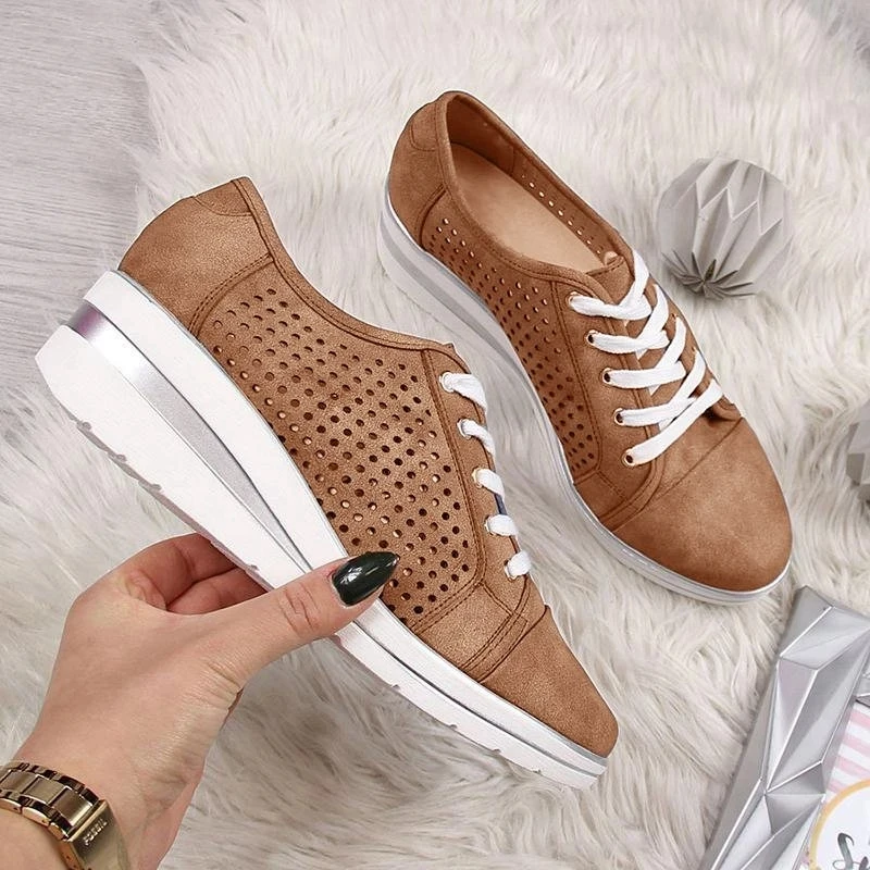 Adisputent Summer Women Wedge Flats Shoes Female Hollow Breathable Mesh Casual Shoes For Ladies Lace Up Flats Loafers Shoes