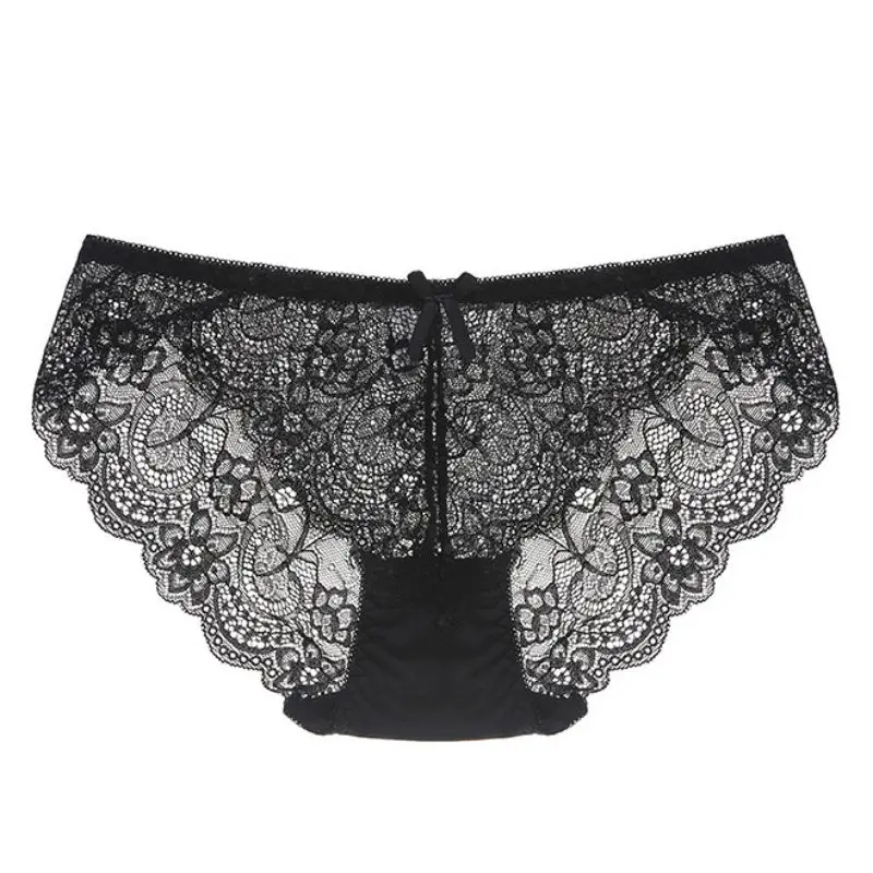 Black Сексуальные женские кружевные дышащие Бесшовные трусы, однотонные, 8 цветов, с бантом, полые трусики - Цвет: Black