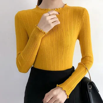 

Female Knitted Sweater Long Sleeve Sweet Bottoming Autumn And Winter Slim Pullover Fashion Half-High Collar Solid Color Jumpers