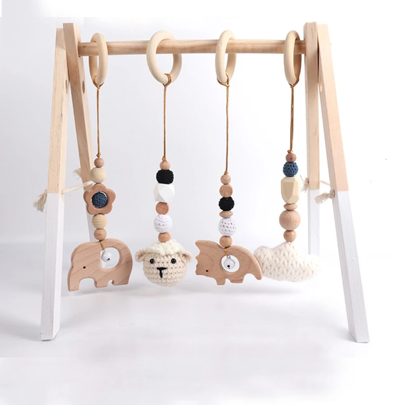 4 Pcs/Set Baby Gym Frame Pendants Crochet Rattle Wooden Teether Infant Newborn Teething Nursing Toys Shower Gifts Room Decor images - 6